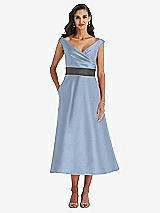 Front View Thumbnail - Cloudy & Caviar Gray Off-the-Shoulder Draped Wrap Satin Midi Dress with Pockets