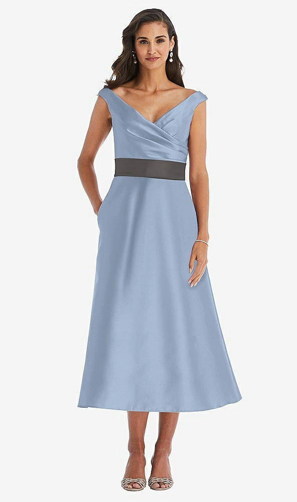 Front View - Cloudy & Caviar Gray Off-the-Shoulder Draped Wrap Satin Midi Dress with Pockets