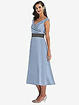 Side View Thumbnail - Cloudy & Caviar Gray Off-the-Shoulder Draped Wrap Satin Midi Dress with Pockets
