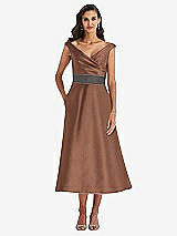 Front View Thumbnail - Cognac & Caviar Gray Off-the-Shoulder Draped Wrap Satin Midi Dress with Pockets