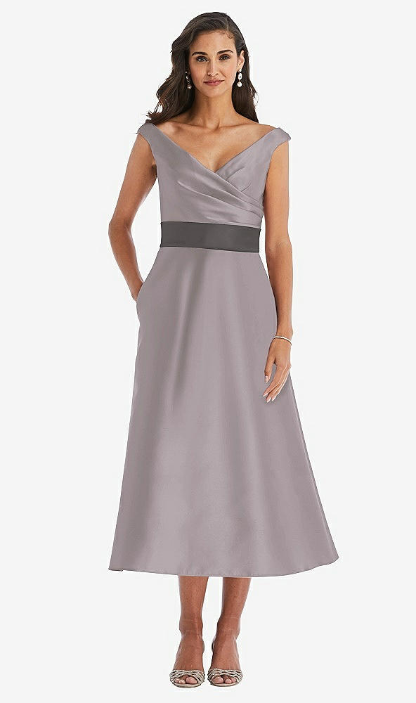Front View - Cashmere Gray & Caviar Gray Off-the-Shoulder Draped Wrap Satin Midi Dress with Pockets