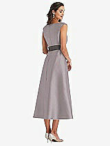 Rear View Thumbnail - Cashmere Gray & Caviar Gray Off-the-Shoulder Draped Wrap Satin Midi Dress with Pockets