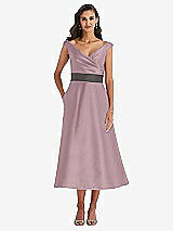 Front View Thumbnail - Dusty Rose & Caviar Gray Off-the-Shoulder Draped Wrap Satin Midi Dress with Pockets