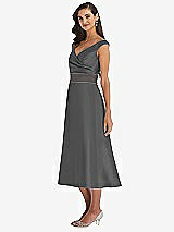 Side View Thumbnail - Gunmetal & Caviar Gray Off-the-Shoulder Draped Wrap Satin Midi Dress with Pockets