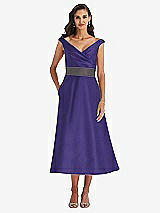 Front View Thumbnail - Grape & Caviar Gray Off-the-Shoulder Draped Wrap Satin Midi Dress with Pockets