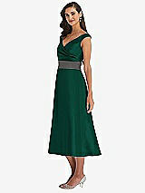 Side View Thumbnail - Hunter Green & Caviar Gray Off-the-Shoulder Draped Wrap Satin Midi Dress with Pockets