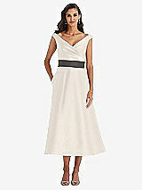 Front View Thumbnail - Ivory & Caviar Gray Off-the-Shoulder Draped Wrap Satin Midi Dress with Pockets