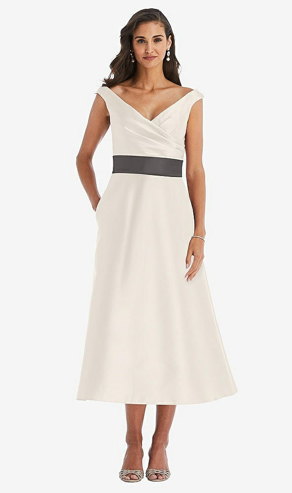 Front View - Ivory & Caviar Gray Off-the-Shoulder Draped Wrap Satin Midi Dress with Pockets