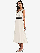 Side View Thumbnail - Ivory & Caviar Gray Off-the-Shoulder Draped Wrap Satin Midi Dress with Pockets