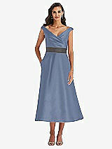 Front View Thumbnail - Larkspur Blue & Caviar Gray Off-the-Shoulder Draped Wrap Satin Midi Dress with Pockets