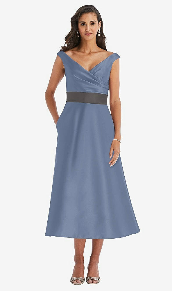 Front View - Larkspur Blue & Caviar Gray Off-the-Shoulder Draped Wrap Satin Midi Dress with Pockets
