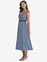 Side View Thumbnail - Larkspur Blue & Caviar Gray Off-the-Shoulder Draped Wrap Satin Midi Dress with Pockets