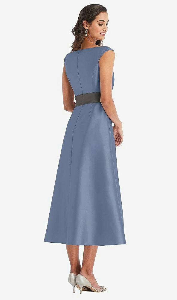 Back View - Larkspur Blue & Caviar Gray Off-the-Shoulder Draped Wrap Satin Midi Dress with Pockets