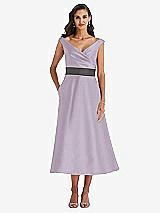 Front View Thumbnail - Lilac Haze & Caviar Gray Off-the-Shoulder Draped Wrap Satin Midi Dress with Pockets