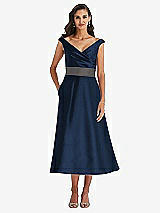 Front View Thumbnail - Midnight Navy & Caviar Gray Off-the-Shoulder Draped Wrap Satin Midi Dress with Pockets