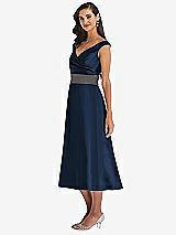 Side View Thumbnail - Midnight Navy & Caviar Gray Off-the-Shoulder Draped Wrap Satin Midi Dress with Pockets