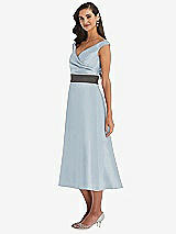 Side View Thumbnail - Mist & Caviar Gray Off-the-Shoulder Draped Wrap Satin Midi Dress with Pockets
