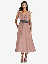 Front View Thumbnail - Neu Nude & Caviar Gray Off-the-Shoulder Draped Wrap Satin Midi Dress with Pockets