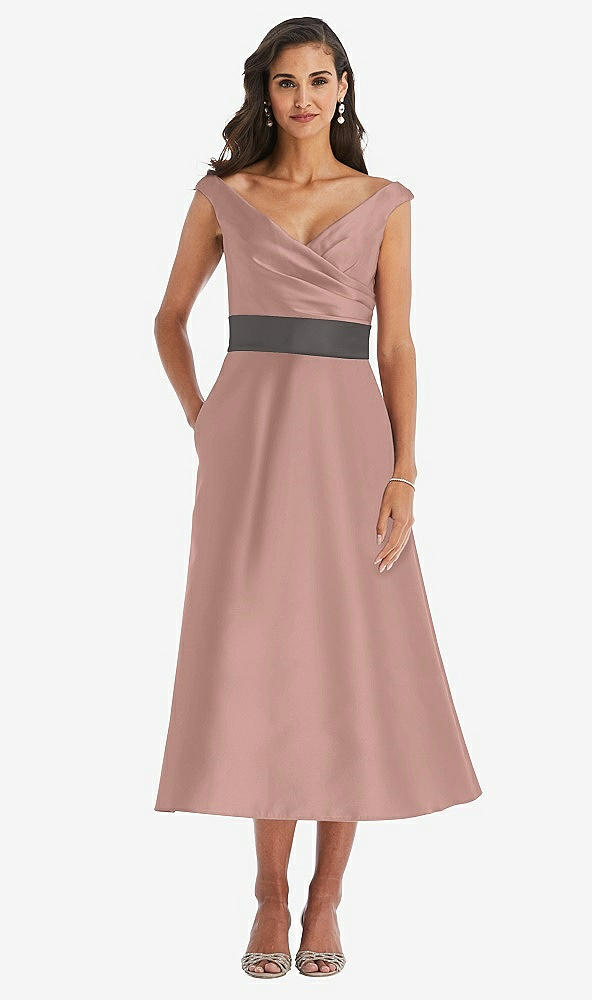 Front View - Neu Nude & Caviar Gray Off-the-Shoulder Draped Wrap Satin Midi Dress with Pockets