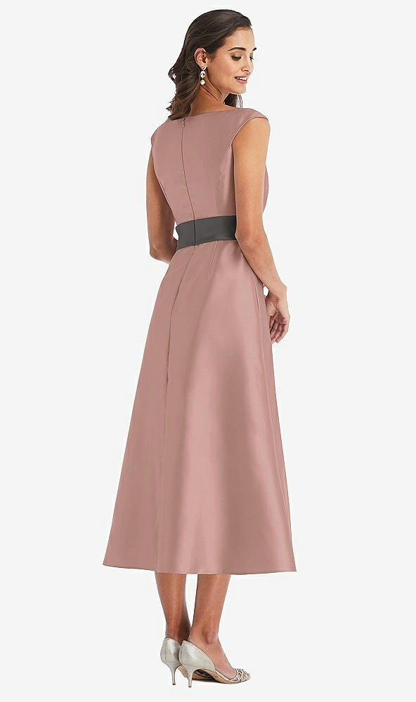 Back View - Neu Nude & Caviar Gray Off-the-Shoulder Draped Wrap Satin Midi Dress with Pockets