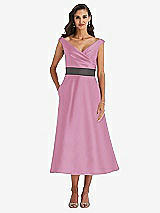 Front View Thumbnail - Powder Pink & Caviar Gray Off-the-Shoulder Draped Wrap Satin Midi Dress with Pockets