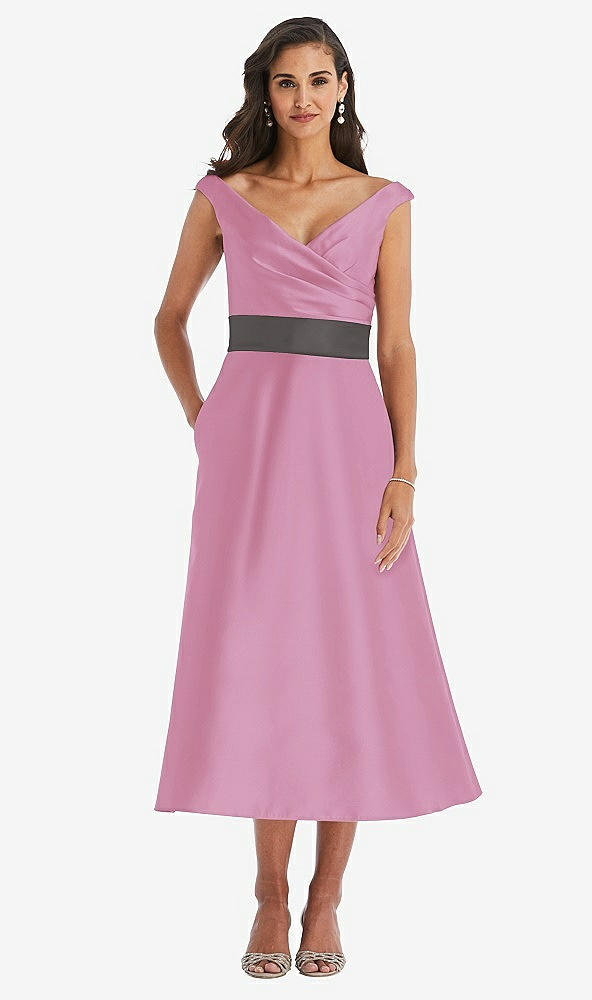 Front View - Powder Pink & Caviar Gray Off-the-Shoulder Draped Wrap Satin Midi Dress with Pockets