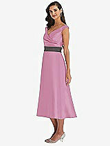Side View Thumbnail - Powder Pink & Caviar Gray Off-the-Shoulder Draped Wrap Satin Midi Dress with Pockets