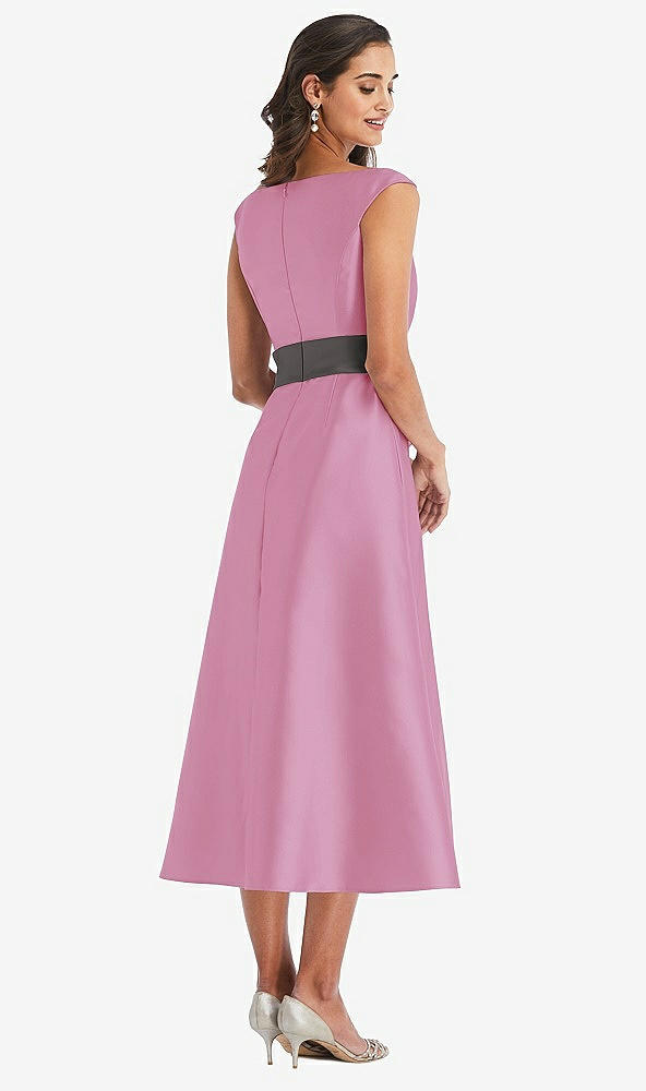 Back View - Powder Pink & Caviar Gray Off-the-Shoulder Draped Wrap Satin Midi Dress with Pockets