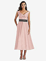 Front View Thumbnail - Rose & Caviar Gray Off-the-Shoulder Draped Wrap Satin Midi Dress with Pockets