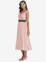 Side View Thumbnail - Rose & Caviar Gray Off-the-Shoulder Draped Wrap Satin Midi Dress with Pockets