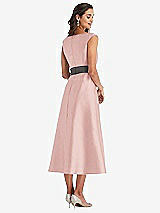 Rear View Thumbnail - Rose & Caviar Gray Off-the-Shoulder Draped Wrap Satin Midi Dress with Pockets