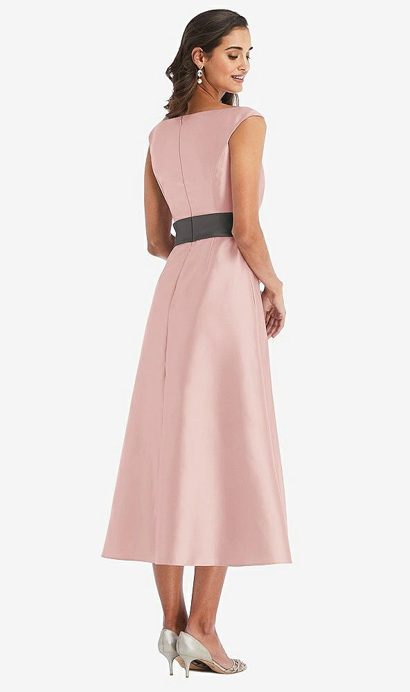 Back View - Rose & Caviar Gray Off-the-Shoulder Draped Wrap Satin Midi Dress with Pockets