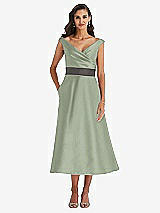 Front View Thumbnail - Sage & Caviar Gray Off-the-Shoulder Draped Wrap Satin Midi Dress with Pockets