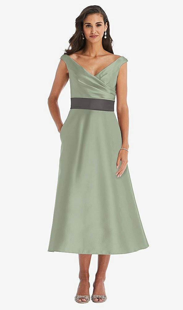 Front View - Sage & Caviar Gray Off-the-Shoulder Draped Wrap Satin Midi Dress with Pockets