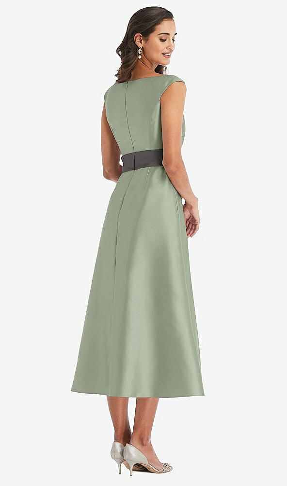 Back View - Sage & Caviar Gray Off-the-Shoulder Draped Wrap Satin Midi Dress with Pockets
