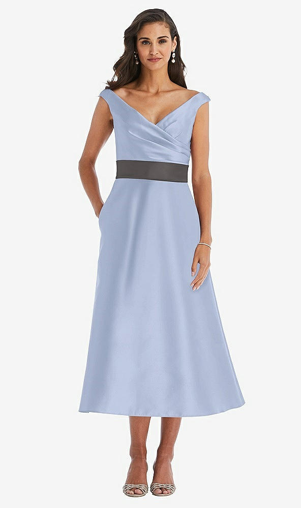 Front View - Sky Blue & Caviar Gray Off-the-Shoulder Draped Wrap Satin Midi Dress with Pockets