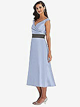 Side View Thumbnail - Sky Blue & Caviar Gray Off-the-Shoulder Draped Wrap Satin Midi Dress with Pockets