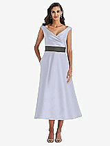 Front View Thumbnail - Silver Dove & Caviar Gray Off-the-Shoulder Draped Wrap Satin Midi Dress with Pockets
