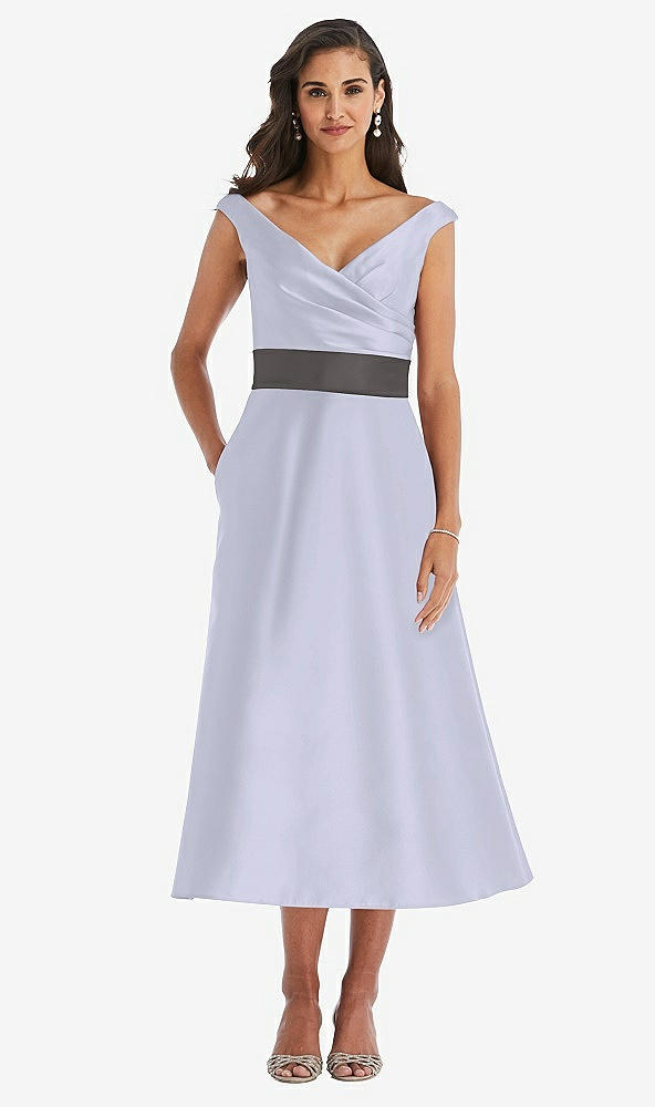 Front View - Silver Dove & Caviar Gray Off-the-Shoulder Draped Wrap Satin Midi Dress with Pockets