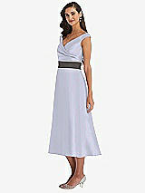 Side View Thumbnail - Silver Dove & Caviar Gray Off-the-Shoulder Draped Wrap Satin Midi Dress with Pockets