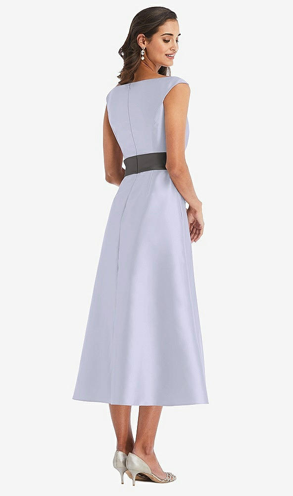 Back View - Silver Dove & Caviar Gray Off-the-Shoulder Draped Wrap Satin Midi Dress with Pockets