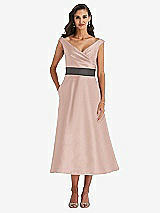 Front View Thumbnail - Toasted Sugar & Caviar Gray Off-the-Shoulder Draped Wrap Satin Midi Dress with Pockets