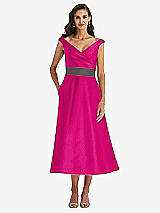Front View Thumbnail - Think Pink & Caviar Gray Off-the-Shoulder Draped Wrap Satin Midi Dress with Pockets