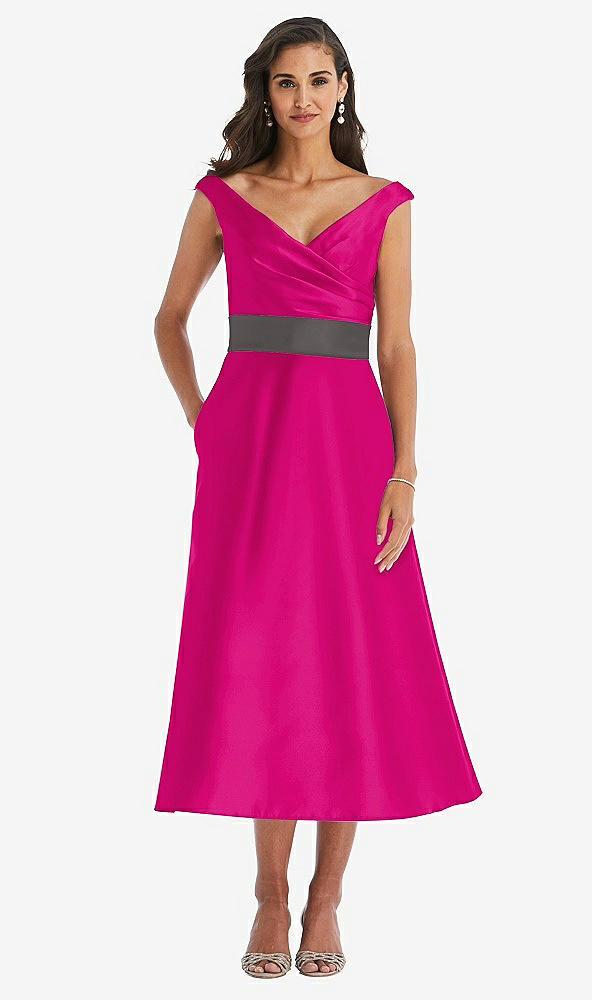 Front View - Think Pink & Caviar Gray Off-the-Shoulder Draped Wrap Satin Midi Dress with Pockets