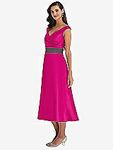 Side View Thumbnail - Think Pink & Caviar Gray Off-the-Shoulder Draped Wrap Satin Midi Dress with Pockets