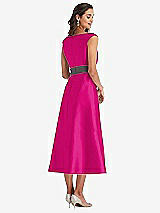 Rear View Thumbnail - Think Pink & Caviar Gray Off-the-Shoulder Draped Wrap Satin Midi Dress with Pockets
