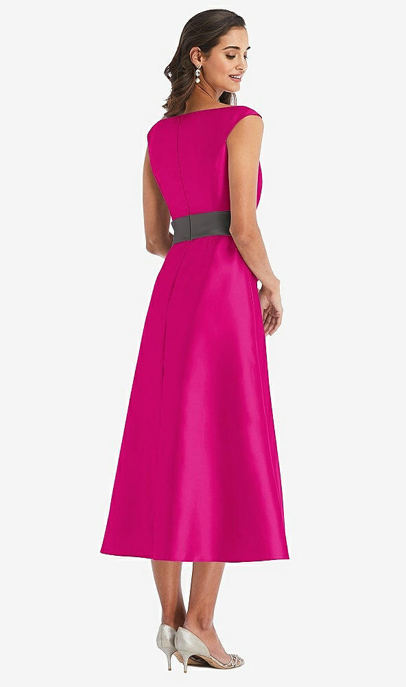 Back View - Think Pink & Caviar Gray Off-the-Shoulder Draped Wrap Satin Midi Dress with Pockets