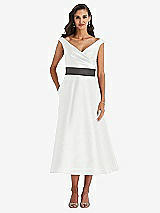 Front View Thumbnail - White & Caviar Gray Off-the-Shoulder Draped Wrap Satin Midi Dress with Pockets
