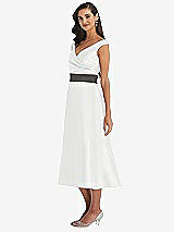 Side View Thumbnail - White & Caviar Gray Off-the-Shoulder Draped Wrap Satin Midi Dress with Pockets