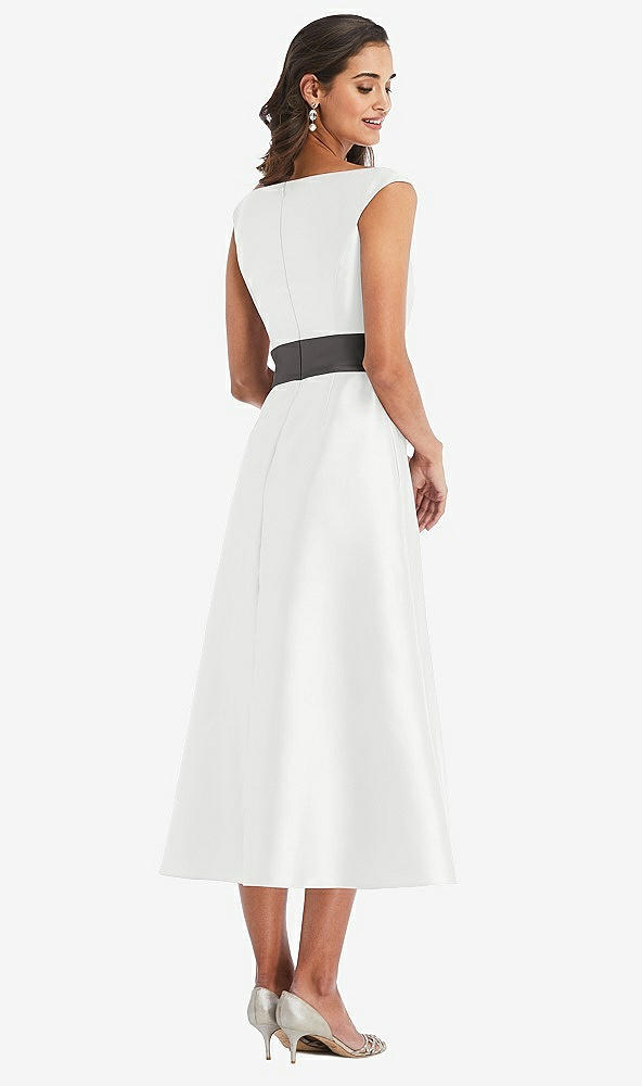 Back View - White & Caviar Gray Off-the-Shoulder Draped Wrap Satin Midi Dress with Pockets